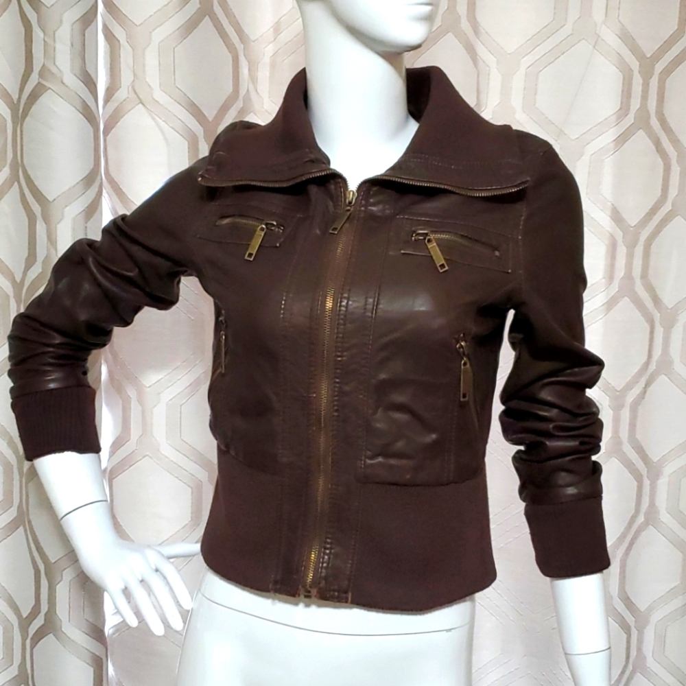 Adorable Dollhouse brown pleather bomber jacket